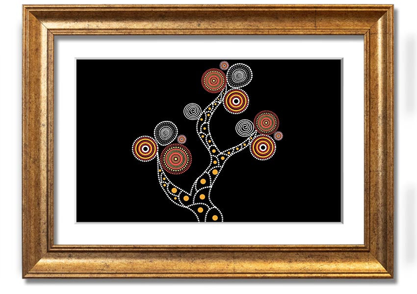 Framed Aboriginal Tree 1 print showcasing vibrant colors and intricate patterns, ready to hang.